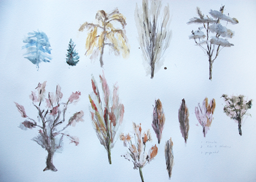 Dag80 schets in aquarel van bomen in de winter / het vroege voorjaar