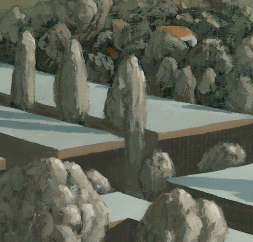 Detail van de bomen tussen de huizen