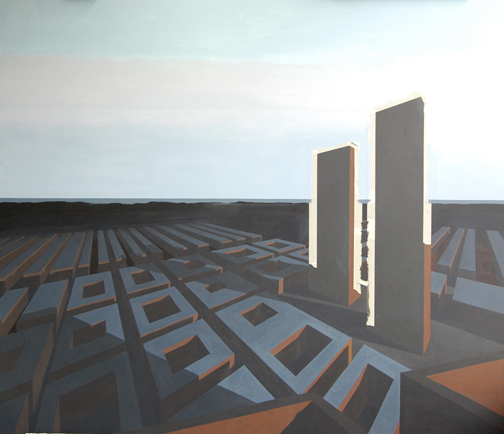 Schilderij van de stad en de zee na dag 23