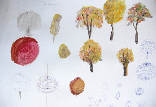 Dag80 schets in aquarel van bomen in de winter / het vroege voorjaar